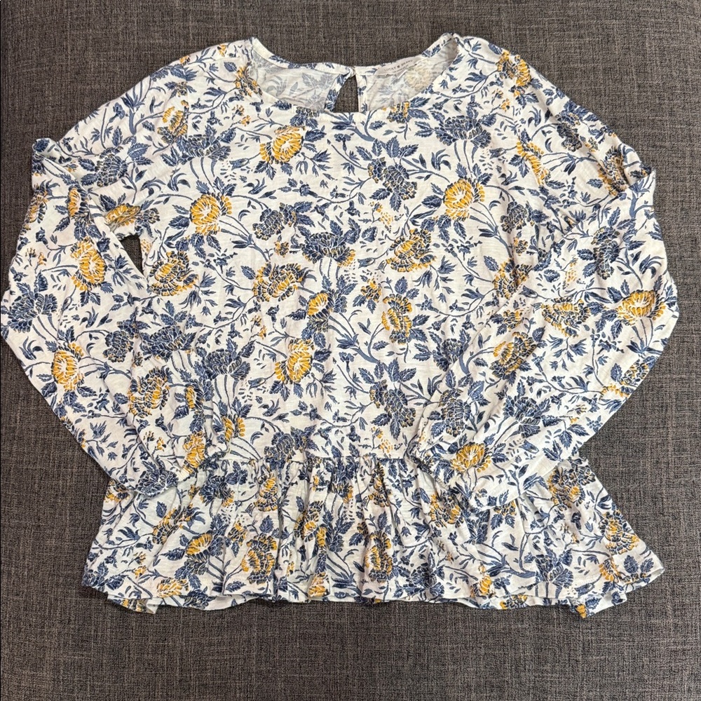 Lucky Brand Floral Peplum Blouse Small Blue Mustard Cotton Modal Boho